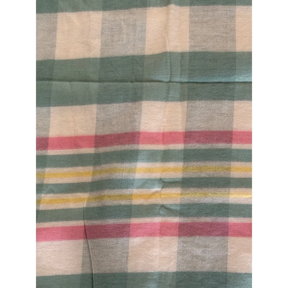 Vintage Fieldcrest Spray Cotton Blanket Pastel Plaid Green Pink 60x76 USA